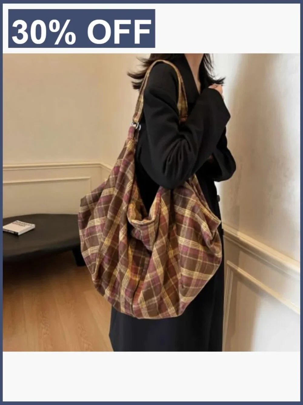 Large Plaid Hobo Tote Shoulder Bag for Women Vintage Y2K Fall Handbag Woolen